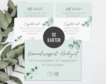 52 Fotoaufgaben Hochzeit & Gesprächskarten | Kennenlernspiel Hochzeitsspiel für Gäste | Selfieaufgaben, Small Talk Fragen (Eucalyptus)