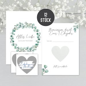 Hochzeitsgeschenk “Gemeinsam durch Euer 1. Jahr" | Geschenk für Hochzeitspaar | 12 Rubbelkarten Gutscheine, Geschenk Hochzeit (Eucalyptus)