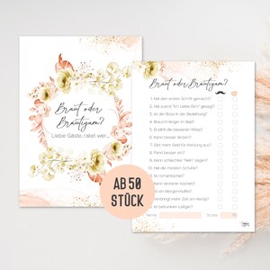 Hochzeitsspiel Braut oder Bräutigam | 50 Karten Hochzeitsquiz | Hochzeitsspiel für Gäste und Brautpaar | Boho Design (Korall Peach)