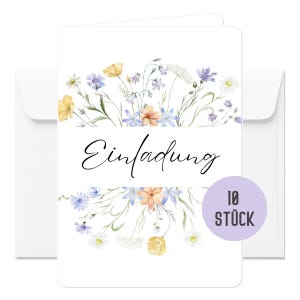 Blanko Einladungskarten Set für Hochzeit Geburtstag Jubiläum Gartenparty Taufe mit floralen Wildblumen Motiv | 10 Einladungen inkl Umschläge