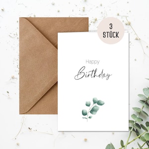 3x Geburtstagskarten mit Briefumschlag Eucalyptus | Klappkarten zum Geburtstag im Boho Vintage Stil | Herzlichen Glückwunsch (3 Stück)