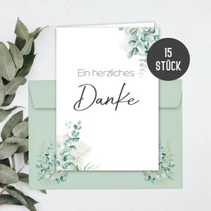 15 Dankeskarten inkl. Umschläge für Hochzeit, Standesamt, Geburtstag, Jugendweihe, Konfirmation | Klappkarten Danke DIN A6 | Eucalyptus