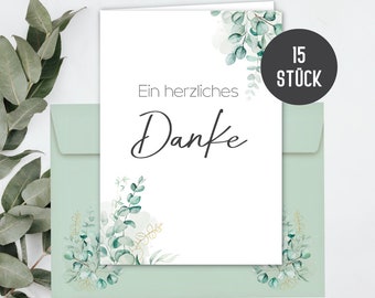 15 Dankeskarten inkl. Umschläge für Hochzeit, Standesamt, Geburtstag, Jugendweihe, Konfirmation | Klappkarten Danke DIN A6 | Eucalyptus