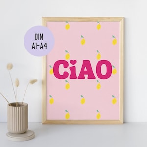 Poster Ciao Dolce Vita | Poster Zitronen Italien pink & rot | Italien Style Wandbild Küche Wohnzimmer | Sommerliche Wanddeko (DIN A4-A1)