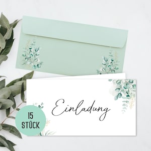 15 Einladungskarten inkl. Umschläge für Hochzeit, Standesamt, Geburtstag, Jugendweihe, Konfirmation | Klappkarten DIN lang | Eucalyptus