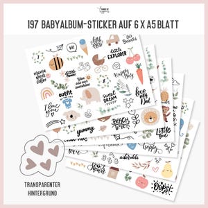 May include: A set of 197 baby album stickers on 6 A5 sheets. The stickers feature a variety of cute illustrations, including animals, hearts, stars, and text. The text includes phrases like "little boy", "sweet dream", "love my dad", and "happy day".