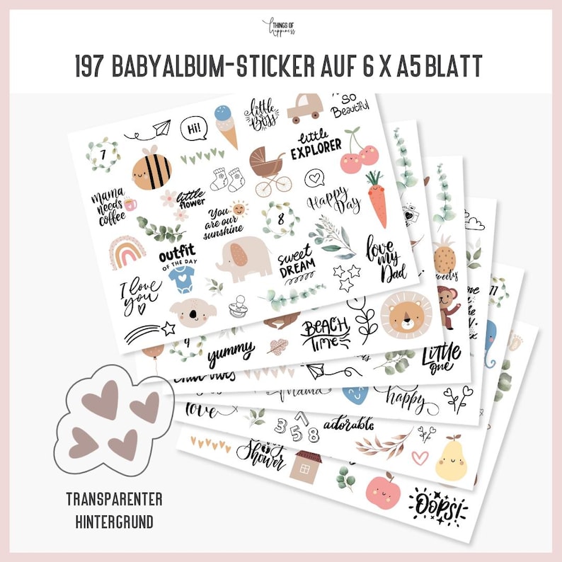 May include: A set of 197 baby album stickers on 6 A5 sheets. The stickers feature a variety of cute illustrations, including animals, hearts, stars, and text. The text includes phrases like "little boy", "sweet dream", "love my dad", and "happy day".