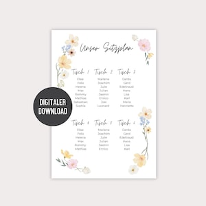 Blanko Sitzplan Hochzeit Blumig Bunt | digitale DIY Vorlage Sitzordnung Gäste | druckbarer Tischplan eigenständig personalisieren DOWNLOAD