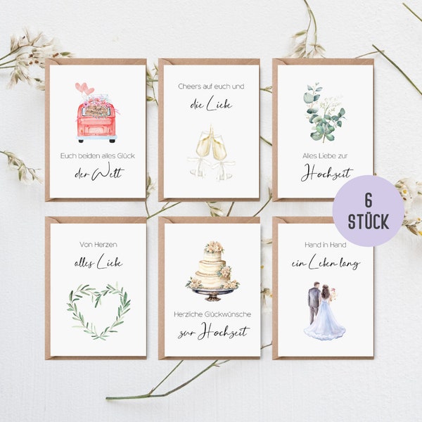 6 x wedding cards | Wedding card set including 6 x envelopes | Folding cards wedding congratulations in watercolor boho style