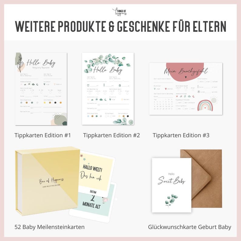 May include: A set of baby milestone cards with a light yellow background and green and white illustrations. The cards feature the text "Hallo Welti" and "Das hab ich". The cards are part of a set of 52 cards.