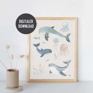 Meerestiere Wal, Qualle & Octopus DOWNLOAD | Kinderposter Poster Kinderzimmer Tierposter Unterwasser Poster Meer Kinderzimmer
