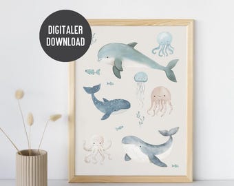 Animales marinos Ballena, Medusa y Pulpo DESCARGAR | Pósteres infantiles Pósteres Habitación infantil Pósteres animales Pósteres submarinos Mar Habitación infantil