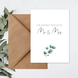 Hochzeitskarte Mr & Mrs Boho Vintage mit Briefumschlag Eukalyptus | Karte Kraftpapier, Glückwunschkarte Hochzeit, Verlobung, Trauung