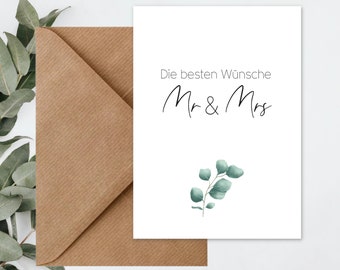 Wedding card Mr & Mrs Boho Vintage with envelope eucalyptus | Card kraft paper, congratulations card wedding, engagement, wedding ceremony