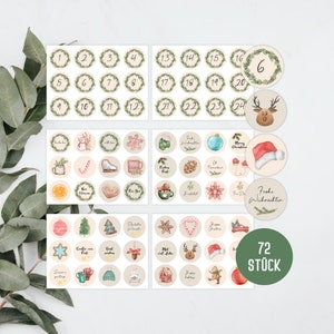 Aufkleber Weihnachten Rund | 72 Sticker Adventskalender Zahlen | Weihnachtsaufkleber Vintage | Aufkleber Weihnachtskalender (Beige/Aquarell)