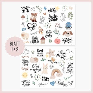 May include: Two sheets of stickers with a variety of cute illustrations, including animals, stars, rainbows, and text. The text includes phrases like "You can do it", "Sweet Dreams", "Hello World", "Best Friends", "Good Morning", "Good Times", "Mini Boss", and "Happy".
