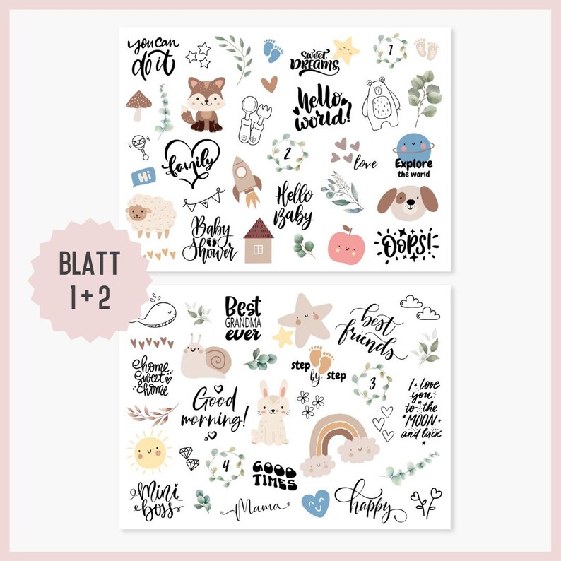 May include: Two sheets of stickers with a variety of cute illustrations, including animals, stars, rainbows, and text. The text includes phrases like "You can do it", "Sweet Dreams", "Hello World", "Best Friends", "Good Morning", "Good Times", "Mini Boss", and "Happy".