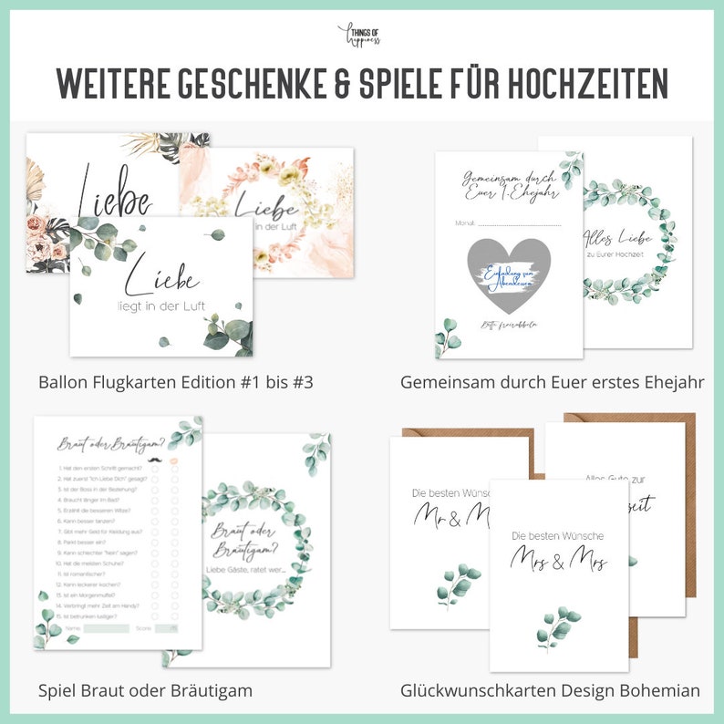 May include: A set of printable wedding cards and games with a bohemian theme. The cards feature a green and white floral design with the text "Liebe liegt in der Luft" and "Gemeinsam durch Euer erstes Ehejahr". The games include a "Braut oder Br&auml;utigam?" game and a "Guess the Gift" game.