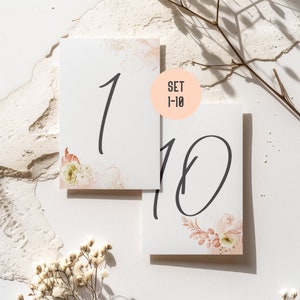 Tischnummern Hochzeit, Taufe, Event von 1 bis 10 im Set im Boho Design | Tischnummerierung Hochzeit (Rosen Korall)
