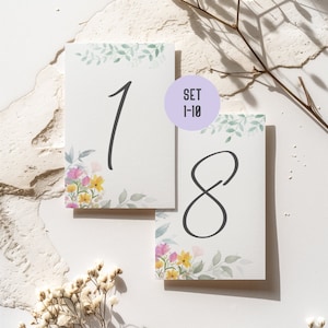 Tischnummern Hochzeit, Taufe, Event von 1 bis 10 im Set im Boho Design | Tischnummerierung Hochzeit (Blumen Pastell)