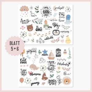May include: A set of two sheets of stickers with a variety of cute illustrations and phrases. The stickers are perfect for scrapbooking, journaling, or adding a personal touch to gifts. The first sheet features illustrations of a dinosaur, a penguin, a pear, a house, a star, a cloud, a heart, and a footprint. The second sheet features illustrations of a whale, a deer, a lion, a sailboat, a rainbow, a star, a heart, and a flower. The stickers are all in a light and whimsical style.