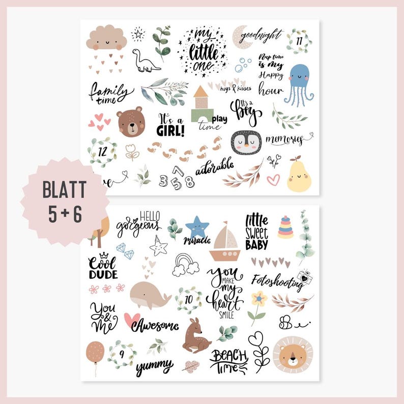 May include: A set of two sheets of stickers with a variety of cute illustrations and phrases. The stickers are perfect for scrapbooking, journaling, or adding a personal touch to gifts. The first sheet features illustrations of a dinosaur, a penguin, a pear, a house, a star, a cloud, a heart, and a footprint. The second sheet features illustrations of a whale, a deer, a lion, a sailboat, a rainbow, a star, a heart, and a flower. The stickers are all in a light and whimsical style.
