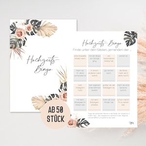 Hochzeitsbingo - Hochzeitsspiel Bingo | 50 Hochzeitsquiz Karten zum Kennenlernen | Hochzeitsspiel für Gäste | Boho Design (Beige Rosen)