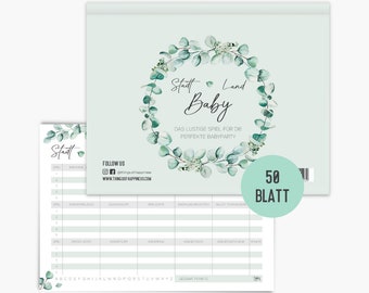 Babyparty Spiel – Stadt Land Baby – lustiges Partyspiel Babyshower | Block DIN A4 mit 50 Blatt