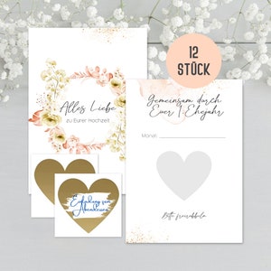 Hochzeitsgeschenk “Gemeinsam durch Euer 1. Jahr" | Geschenk für das Hochzeitspaar | 12 Rubbelkarten Gutscheine, Geschenk Hochzeit (Korall)