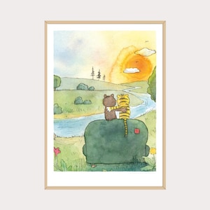 Janosch Poster – Im Sonnenuntergang, Tiger & Bär Illustration, Kinderzimmer Deko Wandbild, Geschenk zur Geburt Einschulung (diverse Größe)