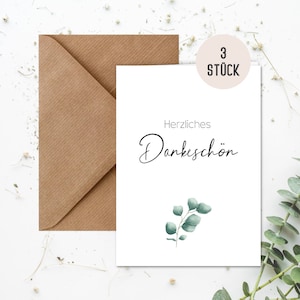 3x Dankeskarte mit Briefumschlag Eukalyptus | Klappkarten zum Danke sagen im Boho Vintage Stil | Dankeschön Hochzeit Verlobung (3 Stück)