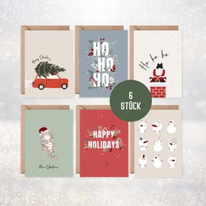 Weihnachtskarten Set | 6 Karten zu Weihnachten inkl. 6 x Briefumschläge | lustige Klappkarten aus Recyclingpapier Merry Christmas, Ho ho ho