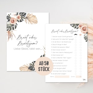 Hochzeitsspiel Braut oder Bräutigam | 50 Karten Hochzeitsquiz | Hochzeitsspiel Gäste | Hochzeitsspiel Brautpaar Boho Design (Beige Rosen)