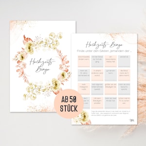 Hochzeitsbingo - Hochzeitsspiel Bingo | 50 Hochzeitsquiz Karten zum Kennenlernen | Hochzeitsspiel für Gäste | Boho Design (Korall Peach)