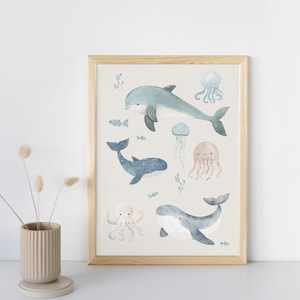Meerestiere Poster Kinderzimmer | Poster Unterwasserbewohner Qualle, Wal, Octopus für Kinder | Meer Tiere Kunstdruck Wanddekoration