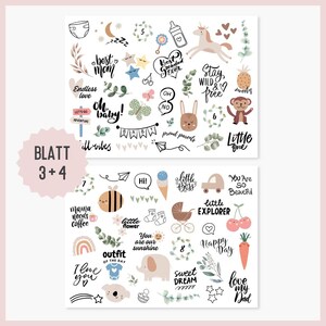 May include: A sheet of stickers with illustrations and text related to babies and childhood. The stickers are white with black outlines and feature various colors, including pink, blue, green, yellow, and brown. Some of the text includes "best mom", "oh baby", "little one", "sweet dream", and "love my dad".