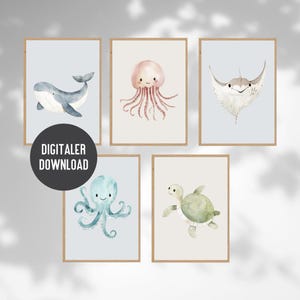 Meerestiere Poster Set Kinderzimmer Digitaler Download | Poster Qualle, Manta, Octopus, Schildkröte, Wal für Kinder |  | Deko Junge Mädchen