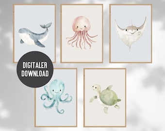 Juego de carteles de animales marinos para habitación infantil, descarga digital | Póster medusa, manta raya, pulpo, tortuga, ballena para niños | | Decoración Niño Niña
