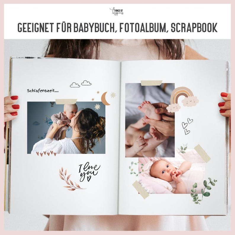May include: An open scrapbook with two pages showing photos of a baby. The left page has a photo of a mother holding a baby and the text "Schlafenszeit..." The right page has a photo of a baby's feet and a photo of a baby lying on a blanket. The scrapbook has a brown and white color scheme with decorative elements like hearts, clouds, and stars.