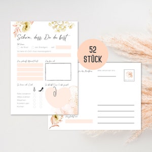 Hochzeitsspiel 52 Postkarten mit Fragen | Gästebuch Alternative für Hochzeit im Boho Design | 52 Wochen Spiel (Korall Peach)