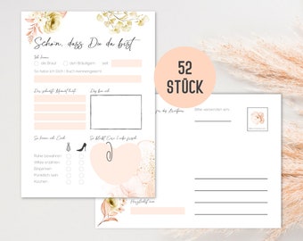 Wedding game 52 postcards with questions | Guest book alternative for weddings in boho design | 52 Weeks Game (Coral Peach)