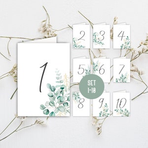 Tischnummern Hochzeit Eucalyptus von 1 bis 10 im Set | Tischnummerierung Hochzeit, Taufe, Feier, Event, Geburtstag (Grün Eucalyptus)