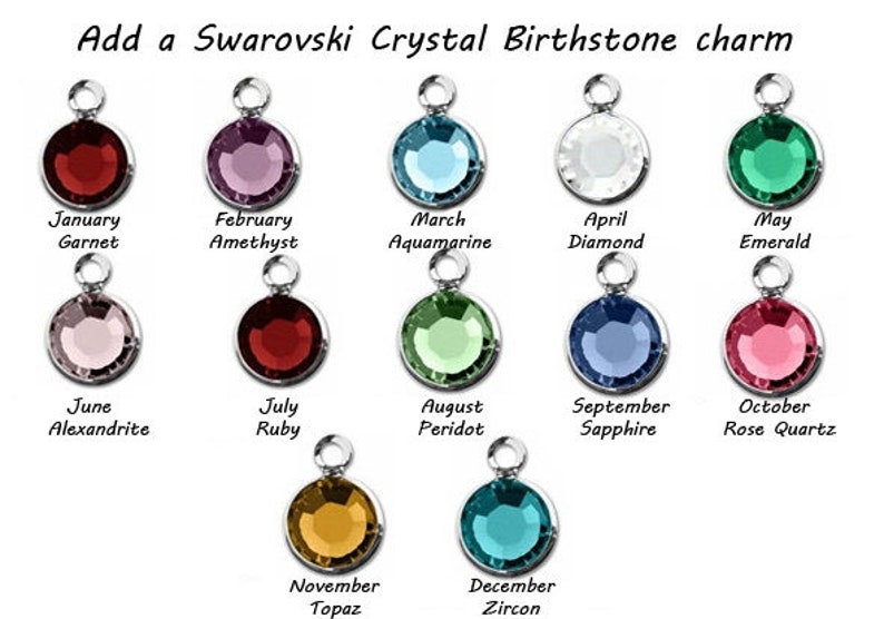 May include: A chart displaying 12 Swarovski crystal birthstone charms, each featuring a distinct colour and corresponding month and birthstone name. The charms are arranged in two rows of six, with the months listed beneath each charm.