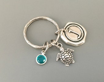 Tiny sea turtle keychain with birthstone & letter sea turtle gift monogram sea turtle key chain sea turtle lover gift ideas for turtle lover
