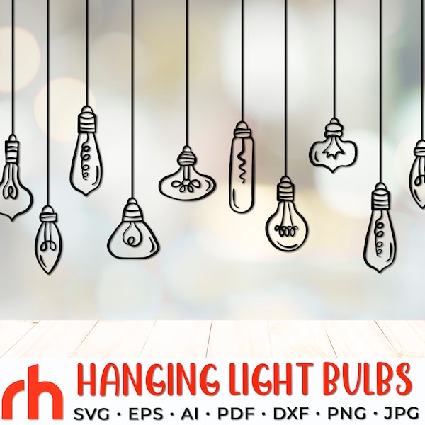 Hanging Light Bulbs SVG, Window Decor Cut File, Ornament on a String DXF