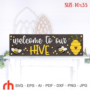 Welkom bij onze bijenkorf SVG, gelaagd horizontaal bord gesneden bestand, silhouet van een bij met honing, decor zomerboerderij DXF, scène boerderij schoorsteenmantel