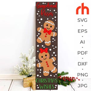 Gingerbread Kisses Christmas Wishes SVG, gelaagde veranda teken gesneden bestand, Gingerbread Man silhouet, winter slankere DXF, Xmas Sitter