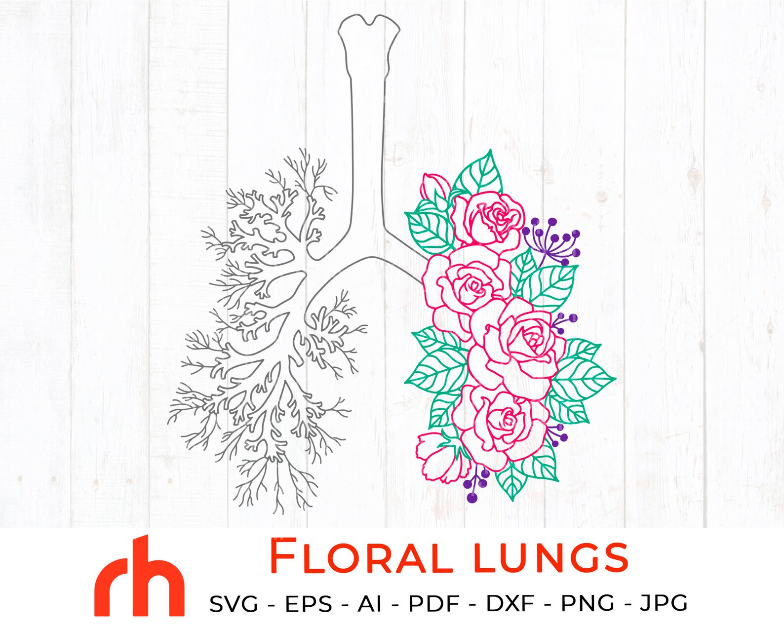 Floral lungs svg Flower lungs svg Lungs with roses svg Etsy