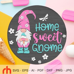 Accueil Sweet Gnome SVG, fichier de coupe de plaque de porte en couches, Silhouette d'un nain avec une crème glacée, cintre rond d'été, décoration de jardin