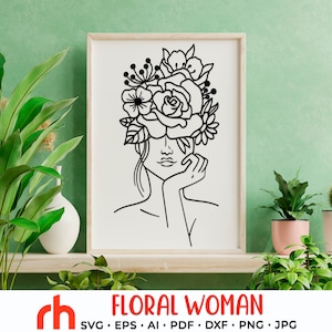 Mujer con flores SVG, archivo de corte de cabeza de flor, cara de niña DXF, vector de diseño femenino, corona de flores silvestres
